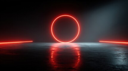 Fototapete - A striking circular red neon light stands in a dark, minimalistic environment, casting eerie reflections on a polished floor while enhancing the artistic atmosphere of the space.