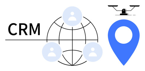 Poster - CRM text, globe showing user profiles, blue location marker, balancing scale symbol. Ideal for customer management, networking, location services, business strategies, data analysis decision-making