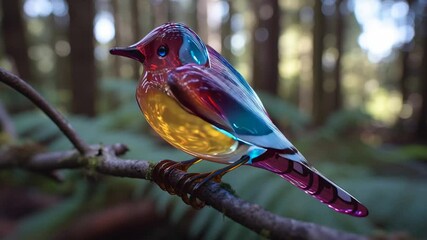Poster - Glass Bird Sculpture Perched on a Branch in a Forest Setting Generative AI