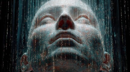 Poster - A detailed digital sculpture depicts a human face looking upward, enveloped by streams of data in a high-tech environment. Light refracts off the data, creating an ethereal atmosphere.