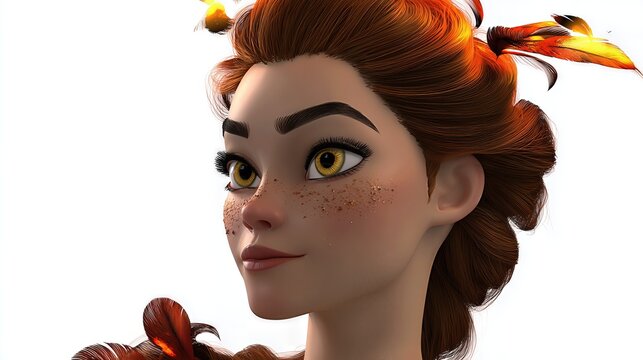 A detailed 3D rendered close-up portrait of a young woman with fiery red hair adorned with glowing orange feathers, freckled cheeks, and striking yellow eyes, set against a crisp white background