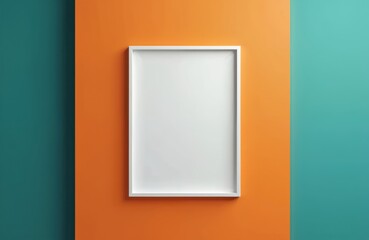 Poster - White blank picture frame hanging orange teal wall in modern art gallery. Minimalist design, empty space for photo or art, advertising. Interior decor, advertising for design art, decor, branding.