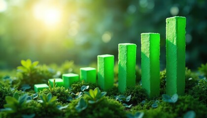 Poster - Green bar charts represent positive Eco-investing green investment banking. Data visualization shows financial market growth, eco-friendly investments, sustainable development. Charts rise in rich
