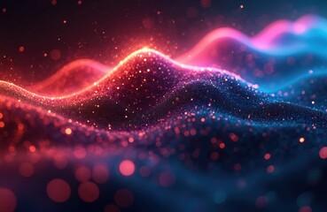 Aufkleber - Abstract digital matrix data waveform. Dynamic wave, music visual concept. Artistic illustration features flowing lines, particles in cyberspace network. Futuristic design with vibrant red, blue hues.
