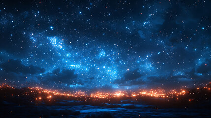 Wall Mural - Night sky starfield above glowing city lights stunning nighttime landscape depicting a cityscape