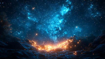 Wall Mural - Celestial landscape with glowing stars and blue nebula above rocky terrain under a dark sky