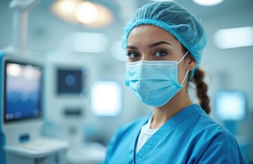 Aufkleber - Female medical pro in scrubs, protective mask, ready to assist in clinic. Doctor wears surgical uniform, hair net. Medical worker is focused on diagnosis, treatment in hospital environment.