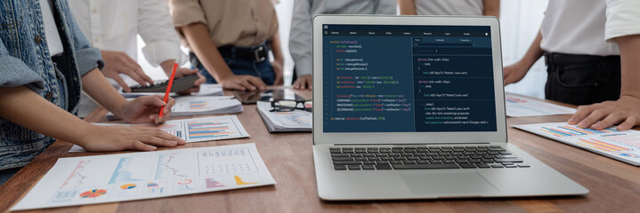 Poster - Software development programming on computer screen for brisk application and program coding