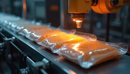 Poster - Automated packaging machine seals plastic pouches on conveyor belt. Food industry production line. Robotic arm packs product. Efficiency speed in factory, manufacturing. Industrial automation,