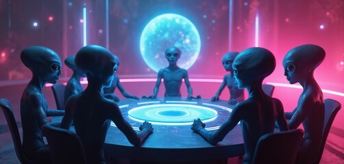 Poster - Neon sign with alien silhouettes gathered around holographic planet. Bright light, aliens meeting, futuristic design. Galactic council discussions in cosmic sci-fi scene. Bright colorful light, alien