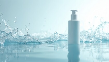 Aufkleber - Minimalist beauty product stands gracefully in flowing water, purity. Clean skincare container, water splash backdrop enhances refreshing liquid. Product shot evokes elegance, serenity, tranquility.