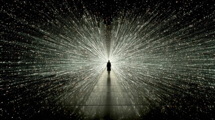 Poster - A figure stands surrounded by an explosion of light rays in a mesmerizing artistic installation. The captivating display creates an immersive atmosphere, inviting exploration.