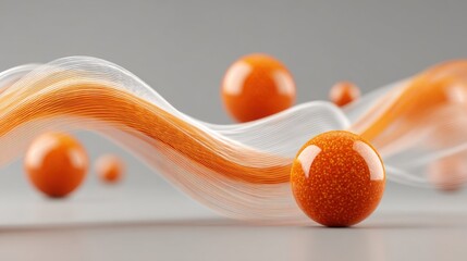 Poster - An artistic arrangement of glossy orange spheres is harmoniously complemented by flowing white lines on a neutral background. This modern setup showcases creativity and design.