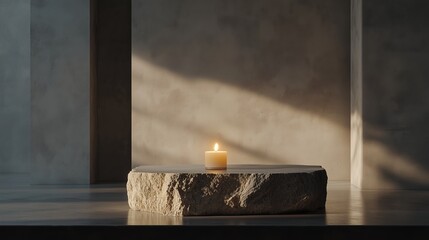 Poster - Candle flickering softly on a stone pedestal in a minimalist interior space during the late afternoon