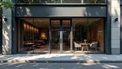 Aufkleber - Modern store front. Exterior view design, with large glass windows, interior. Entrance features door, sidewalk view. City street, building facade. Retail business, shop front. Mockup store design,