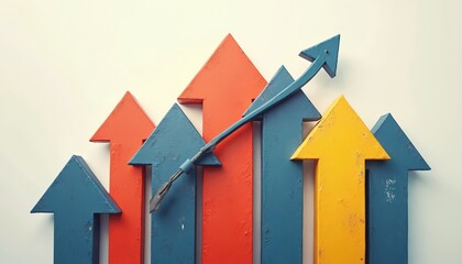 Fototapete - Illustration business concept. Arrows represent growth teamwork progress success. Blue red yellow arrows against white background. Concept of rising market trends with rising pen as indicator,