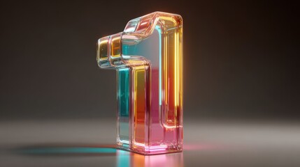 Poster - A transparent, colorful sculptural representation of the number one stands on a smooth surface, illuminated by soft and vibrant lights, creating an eye-catching visual display.