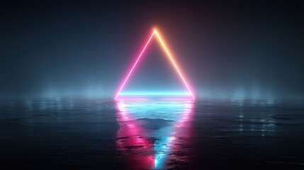 Poster - A glowing triangle composed of neon lights casts reflections on a wet surface, surrounded by a mysterious fog. The vibrant colors create an otherworldly atmosphere at night.