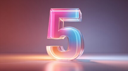 Poster - A vibrant, translucent number five stands alone in a softly lit environment. The colors transition from pink to blue, enhancing the design. The overall aesthetic is modern and eye-catching.