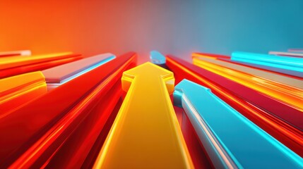Poster - Vibrant arrows in shades of red, yellow, and blue converge towards the center, symbolizing progress and direction in a modern creative environment. Bold colors evoke energy and motivation.