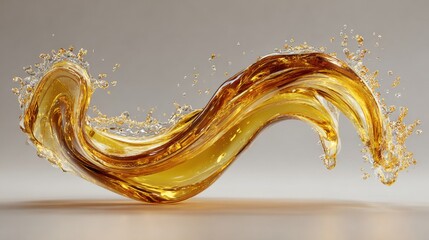 Poster - Golden liquid flows in a dynamic, swirling shape against a plain backdrop, generating vibrant splash effects. The composition showcases movement and fluidity.