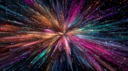 Poster - Dynamic patterns of light and color create an explosion of energy, illustrating a sense of speed and motion in a cosmic environment filled with stars and vibrant hues.