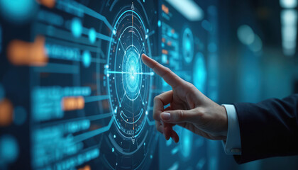 Aufkleber - Businessman interacting virtual graphic interface. High tech AI, artificial intelligence futuristic digital tech concept. Touch interface, command prompt interface. Modern digital world,