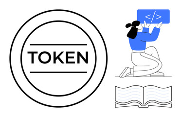 Circular blockchain token, woman coding on a screen, and an open book. Ideal for blockchain, coding, education, technology, cryptocurrency, software development simple landing page