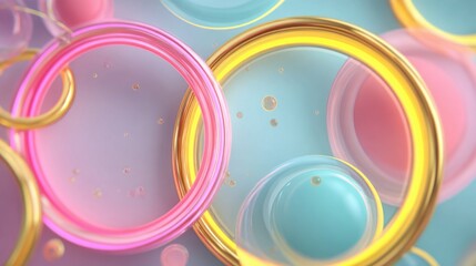 Poster - Colorful circles and bubbles float gracefully on a soft background, showcasing a mix of pink, yellow, and blue hues.