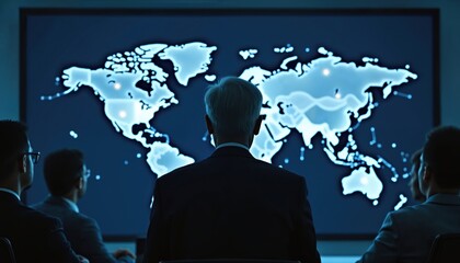 Aufkleber - Team leader manages global team, looking world map. Colleagues discuss strategy, international business. Boardroom meeting, focus on goals, vision, global economy, corporate, success. Collaboration,