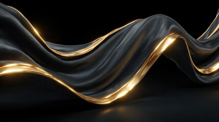 Poster - A wavy black fabric gracefully undulates, illuminated by golden light highlights. The contrast between the dark and luminous elements creates an alluring ambiance.
