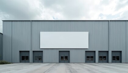 Aufkleber - Modern industrial building exterior. Large blank signage area for advertising branding. Grey corrugated metal facade. Minimalist design, commercial space, empty warehouse, industrial design template.