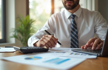 Fototapete - Businessman calculates financial investments with calculator. Accountant analyses business reports, marketing growth charts on paper documents. Economic, commercial concept, office setting with