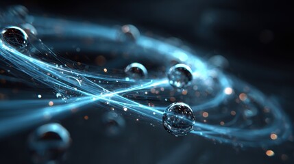 Fototapete - Delicate water droplets glide gracefully through luminous swirling light strands, creating a captivating and mesmerizing display in a dark, mysterious background.