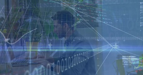 Poster - Financial analyst entering view, typing while monitoring financial analytics via code charts