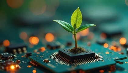 Aufkleber - Small plant sprouts from circuit board. Image represents growth, innovation, integration of nature tech. Concept of progress, development, future. Green tech, eco-friendly, sustainable solutions in