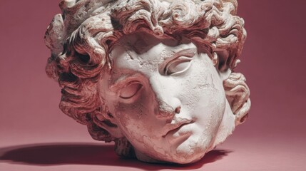 Poster - A detailed sculpture of a marble head from an ancient figure sits on a soft surface. The warm pink backdrop enhances the intricate details of the carving, showcasing expert artistry and history.