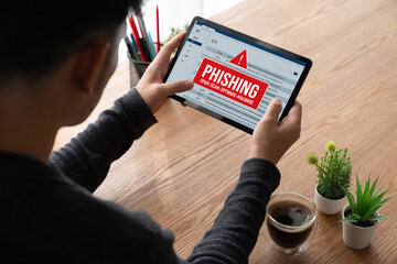 Poster - Cyber security software show alert of cyber attack for protection snugly. Danger from virus, phishing and cyber fraud.