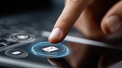Poster - Close-up of a finger selecting a virtual email icon surrounded by technology and social media symbols representing digital interaction