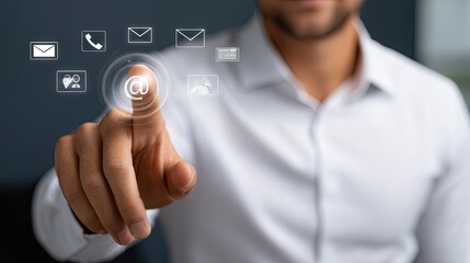 Poster - Close-up of a finger selecting a virtual email icon surrounded by technology and social media symbols representing digital interaction