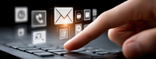 Poster - Close-up of a finger selecting a virtual email icon surrounded by technology and social media symbols representing digital interaction