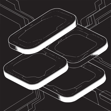 Isometric view of four stacked black rectangles with white borders on a dark background