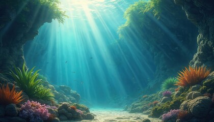 Poster - Underwater scene with sunlight streaming through aquatic plants, coral, and rock formations. Rays of light create a tranquil underwater atmosphere. Marine life swims in a clear water environment.