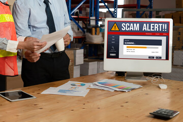 Poster - Cyber security software show alert of cyber attack for protection snugly. Danger from virus, phishing and cyber fraud.