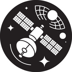Poster - Illustration of a white satellite with solar panels and antenna in a black circle design