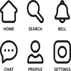 Poster - A set of six minimalist black line icons representing home search bell chat profile and settings