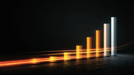 Aufkleber - Stacked Bar Chart With Glowing Light Trails Illustrating Growth Against a Dark Neutral Background