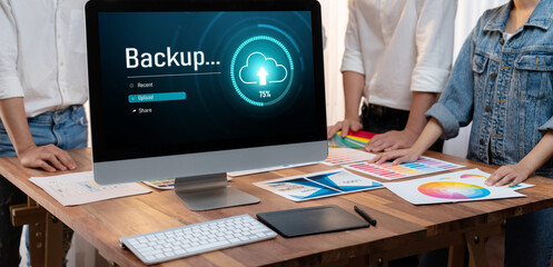 Poster - Backup Storage Data Internet Technology Business concept. Database storage cloud technology file data transfer sharing, cyber, big data information, internet banking application download upload brisk