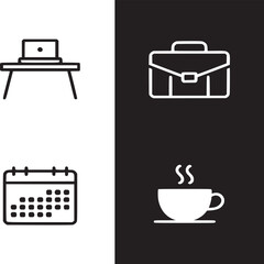 Poster - A monochromatic grid featuring desk with laptop, briefcase, calendar, and coffee cup icons