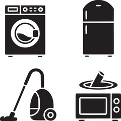Poster - A collection of four black and white household appliance icons including a washer fridge vacuum and microwave